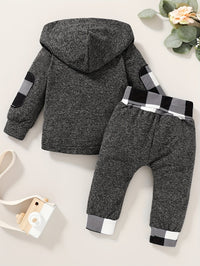 2pcs Baby's Plaid Pattern Splicing Hoodie & Casual Pants, Toddler & Infant Boy's Clothing Set For Spring Fall Good Vibrations