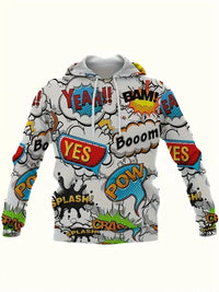 [Two-Piece Comic Print Hoodie Set] Men'S Casual Hoodie and Pants Set, 100% Polyester Knit Fabric, Full Coverage Comic Style Print, Casual Fit, Spring/Fall Warmth Two-Piece Set Good Vibrations