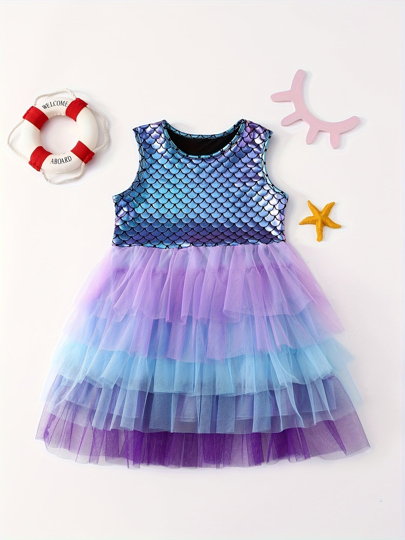 Mermaid Gradient Dress Girls' Casual Summer Short Sleeve Party Puff Skirt Versatile Dress Good Vibrations