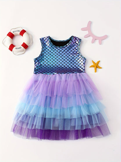 Mermaid Gradient Dress Girls' Casual Summer Short Sleeve Party Puff Skirt Versatile Dress Good Vibrations