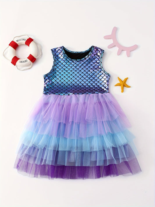 Mermaid Gradient Dress Girls' Casual Summer Short Sleeve Party Puff Skirt Versatile Dress Good Vibrations
