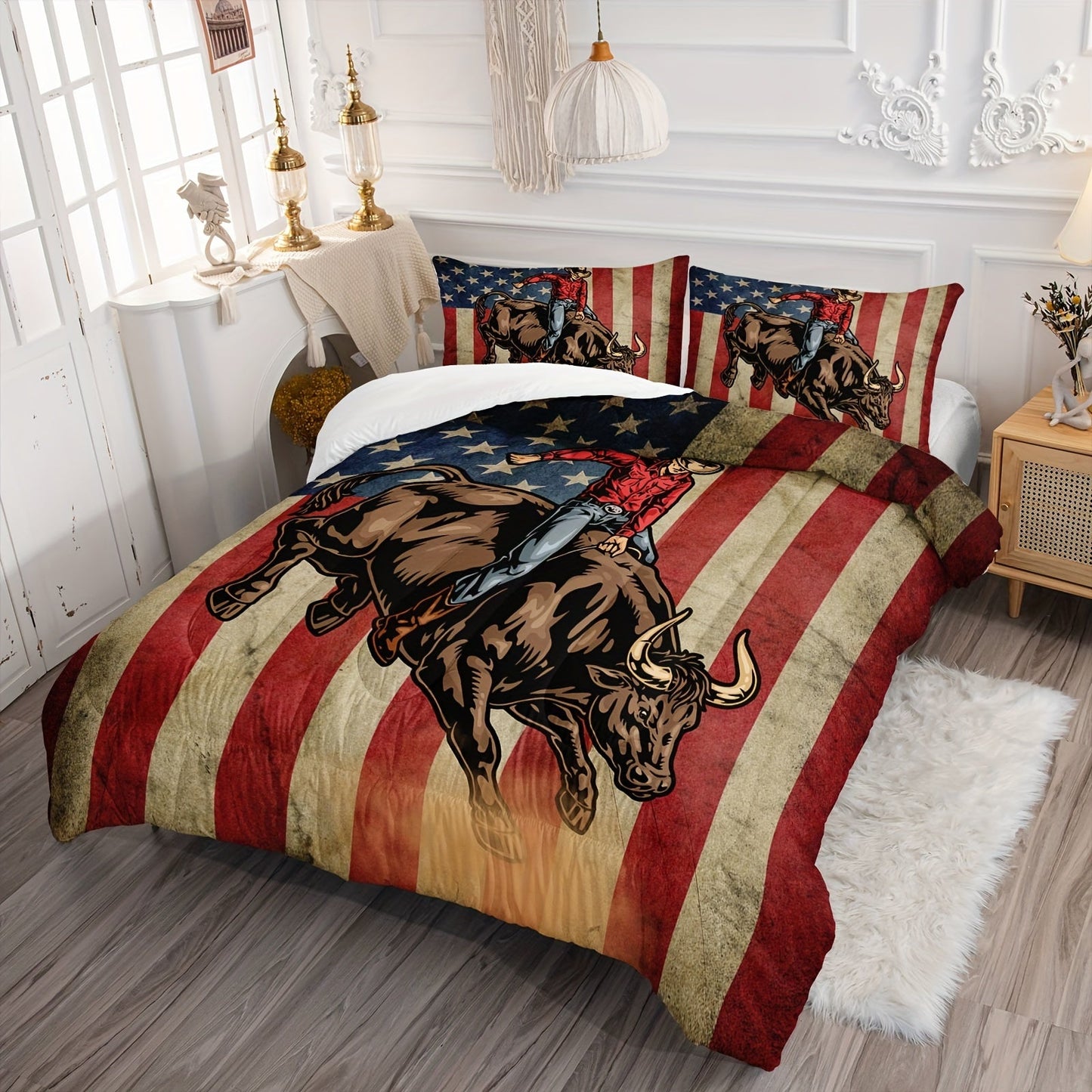3pcs American Flag Comforter Set, Cowboy Riding Bull Bedding Set, American Flag Bedding Racing Bull, Western Cowboys Cowgirls Quilt Set with 1 Comforter 2 Pillowcases for Women Men Adults Room Decor, Soft Breathable, 100% Pol Good Vibrations
