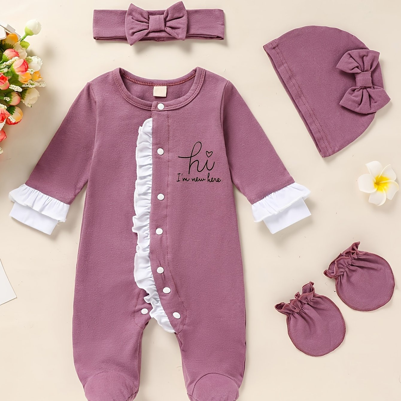 Newborn Baby Girl Clothes, Letter Print Footed Romper Jumpsuit & Headband & Hat & Baby Mittens, Cute Infant Clothing Set Good Vibrations