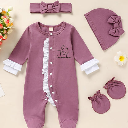 Newborn Baby Girl Clothes, Letter Print Footed Romper Jumpsuit & Headband & Hat & Baby Mittens, Cute Infant Clothing Set Good Vibrations