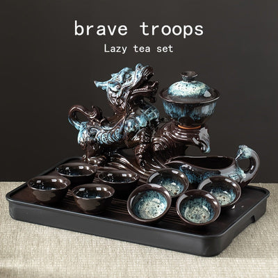 1 Set Lazy Tea Set, Magnetic Water Diversion Rotating Gaiwan, Tea Maker, Automatic Brave Troops Retro Teapot, Tea Cups, Cover Bowl, Rectangular Tea Tray, Chinese Kung Fu Tea Set, For Home Living Room Office, Gift