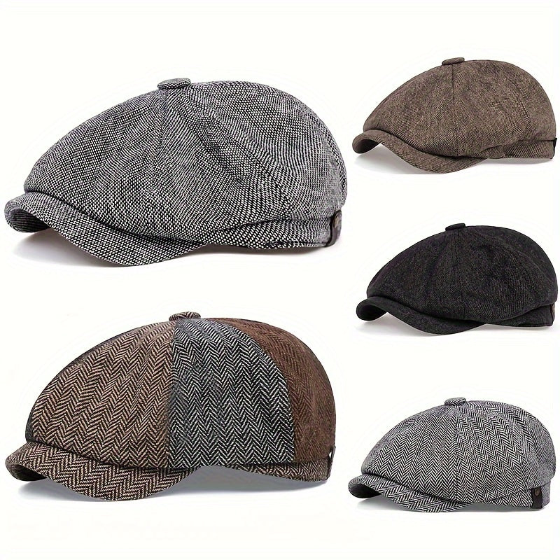 Men&Apos;S Retro Herringbone Flat Cap - Black Casual Beret with Vintage Style, Knitted Polyester, Perfect for Valentine&Apos;S Day, Everyday Headwear | Vintage Flat Cap | Knitted Texture Good Vibrations