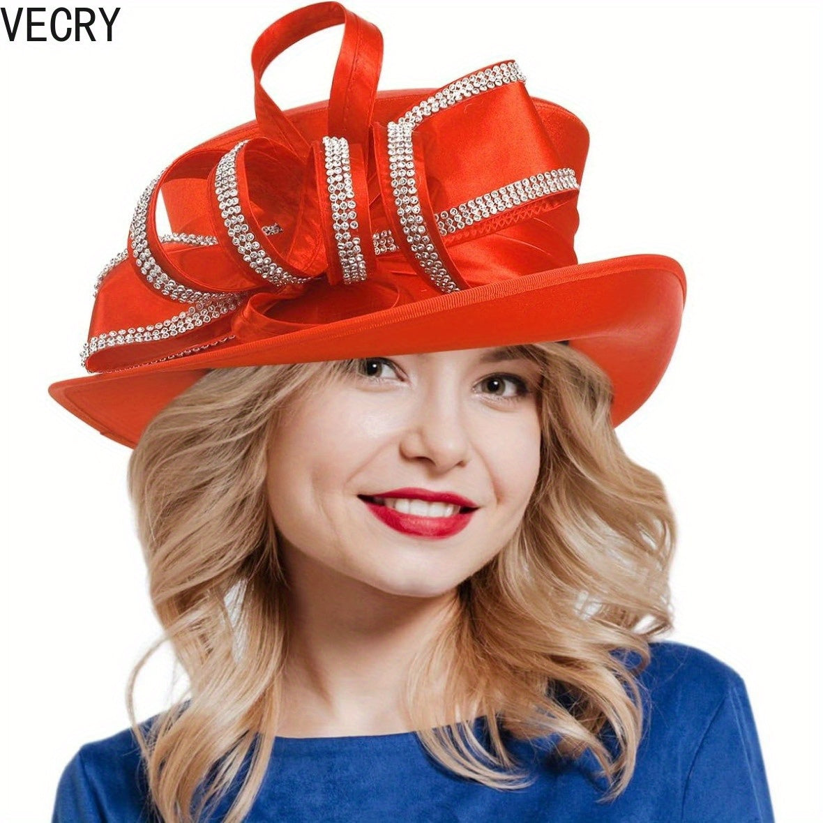 [Crystal Derby Hat] VECRY Wide Brim Crystal Derby Dress Hat - Ladies Church Tea Party Wedding Hats Good Vibrations