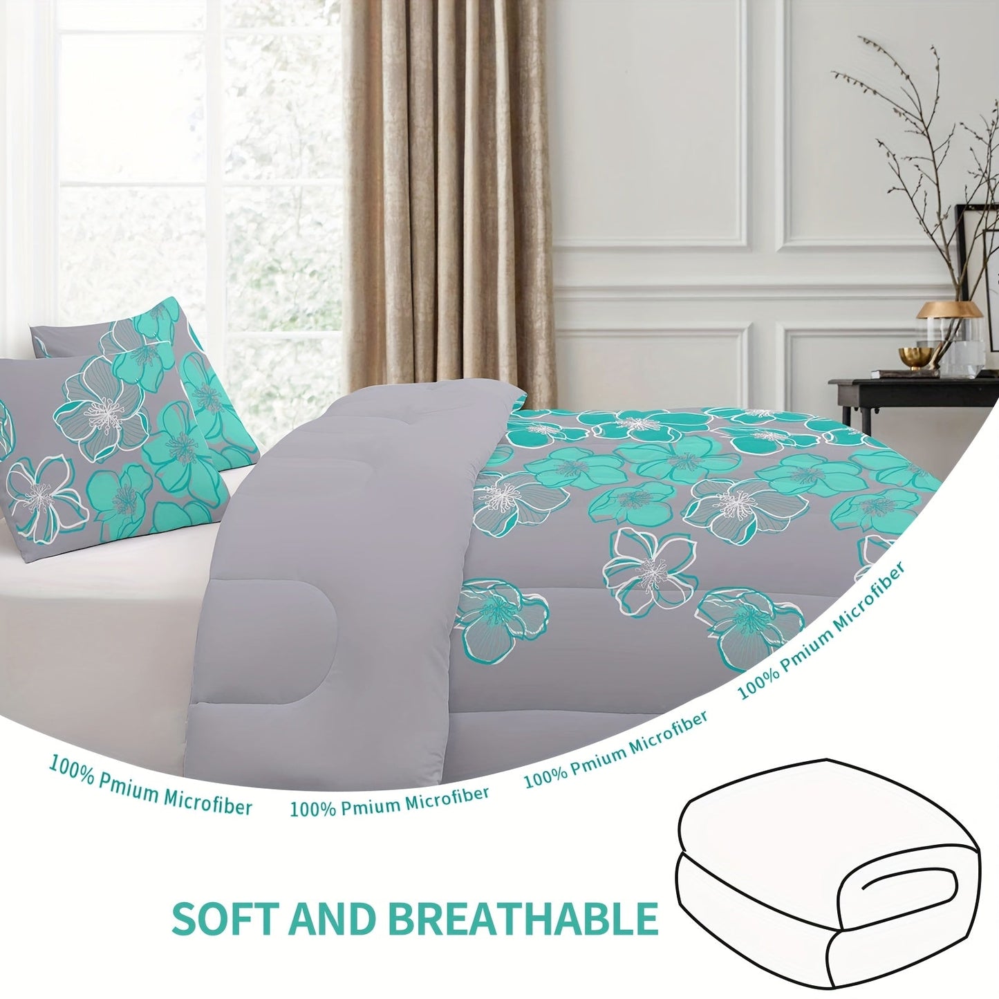 A Large Quilt Set, Consisting of 3pcs of Bedding (1 Printed Quilt And 2 Pillowcases), Featuring a Deep Gray Background with Green Floral Prints, Made of Lightweight Ultra-Fine Fibers Suitable for All Seasons, Serving As an Al Good Vibrations