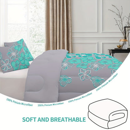 A Large Quilt Set, Consisting of 3pcs of Bedding (1 Printed Quilt And 2 Pillowcases), Featuring a Deep Gray Background with Green Floral Prints, Made of Lightweight Ultra-Fine Fibers Suitable for All Seasons, Serving As an Al Good Vibrations