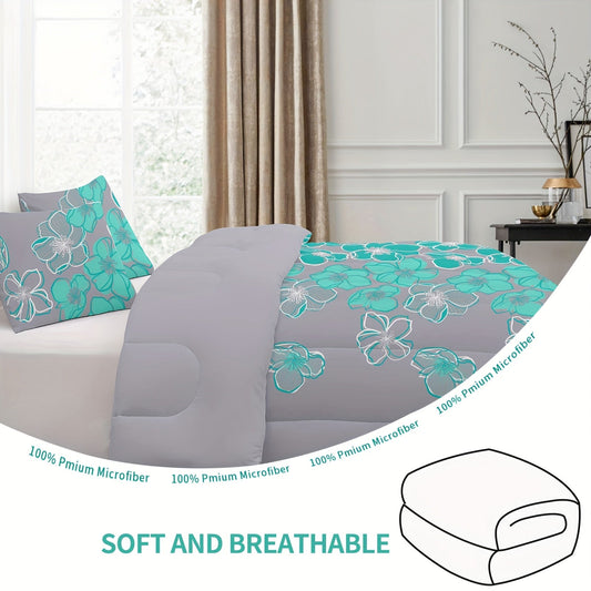 A Large Quilt Set, Consisting of 3pcs of Bedding (1 Printed Quilt And 2 Pillowcases), Featuring a Deep Gray Background with Green Floral Prints, Made of Lightweight Ultra-Fine Fibers Suitable for All Seasons, Serving As an Al Good Vibrations