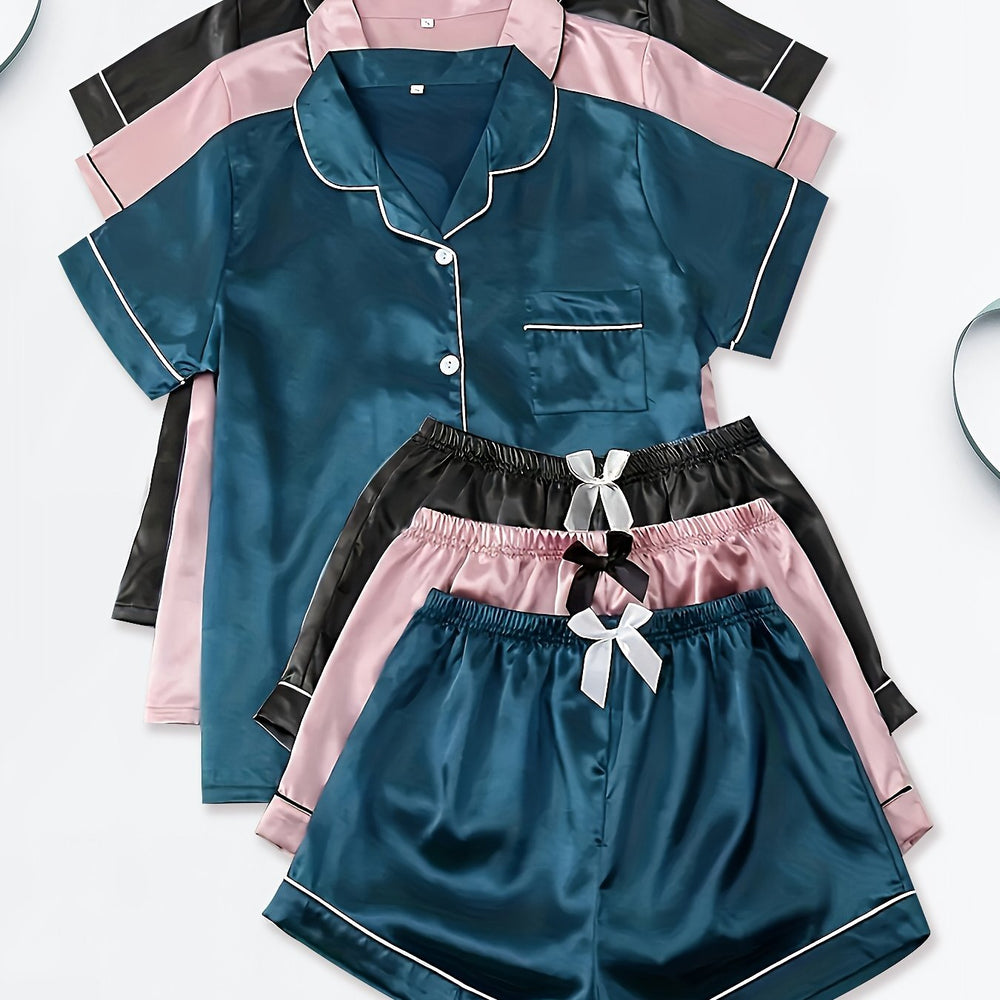 Three Sets of Satin Outfits. Short-Sleeved Collared Tops And Elastic Waistband Shorts, Suitable for Women'S Sleepwear And Loungewear, Women Short And Top Set, Short And Top Set Women, Women Short Set, Loungewear Women Set, Sh Good Vibrations