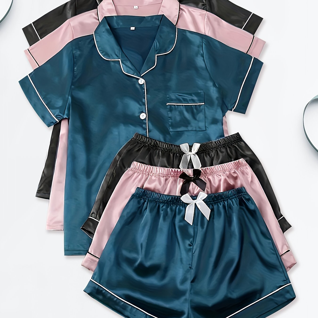 Three Sets of Satin Outfits. Short-Sleeved Collared Tops And Elastic Waistband Shorts, Suitable for Women'S Sleepwear And Loungewear, Women Short And Top Set, Short And Top Set Women, Women Short Set, Loungewear Women Set, Sh Good Vibrations
