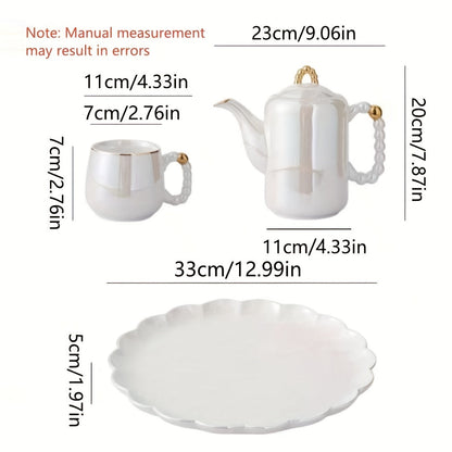 Elegant European Pearl Glazed Porcelain Tea Set - Perfect for Daily Life: Includes Pearl White Porcelain Teapot, Sugar Milk Oil Teapot, and 6 Exquisite Tea Cups. Suitable for Christmas and Thanksgiving Holidays. Good Vibrations