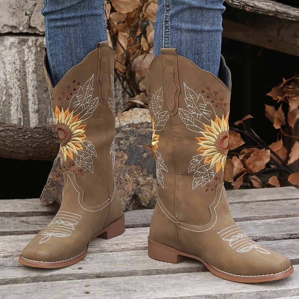 [Mid Calf Embroidered Western Boots] Women's Embroidered Mid Calf Western Boots, Faux Leather Fashion Boots, Women's Footwear Good Vibrations
