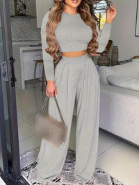 Two-piece Long Sleeve & Long Length Solid Casual Crew Neck Outfits, Women's Clothing Set Good Vibrations