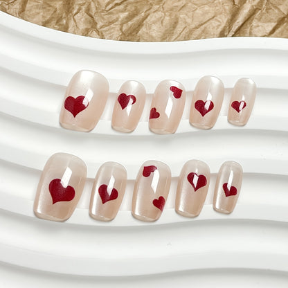 10pcs Handmade Short Ballet Nail Art Set - Glossy Red & Pink Heart Design with Glittery Gel Polish, Reusable Full Cover Press-On Nails with Hearts & Cuticle Wheel for Valentine's Day, Parties, Casual Attire - Easy Application Good Vibrations