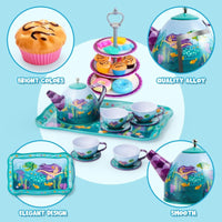 35pcs Mermaid Tea Party Set for Kids, Dress Up & Pretend Play, Pretend Tin Teapot Set, Princess Tea Time Play Kitchen Toy with Dessert, Doughnut, Carrying Case Birthday Easter Gifts for Toddlers Good Vibrations