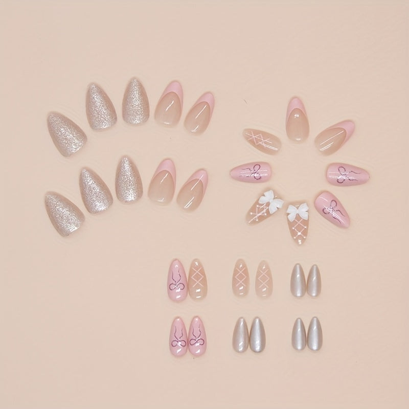 Pink Sweet Bow Press-On Nail Tips - Almond Shape, Medium Length, Glossy Finish Good Vibrations