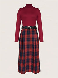 2025 New Women'S Elegant All-Season Dress Suit - Turtleneck Long Sleeve Geometric Print Red & Black Plaid-like Pattern, Structured Fit for Casual to Formal Events, Year-Round Versatile Outfit (No Belt Included) - Durable & Co Good Vibrations