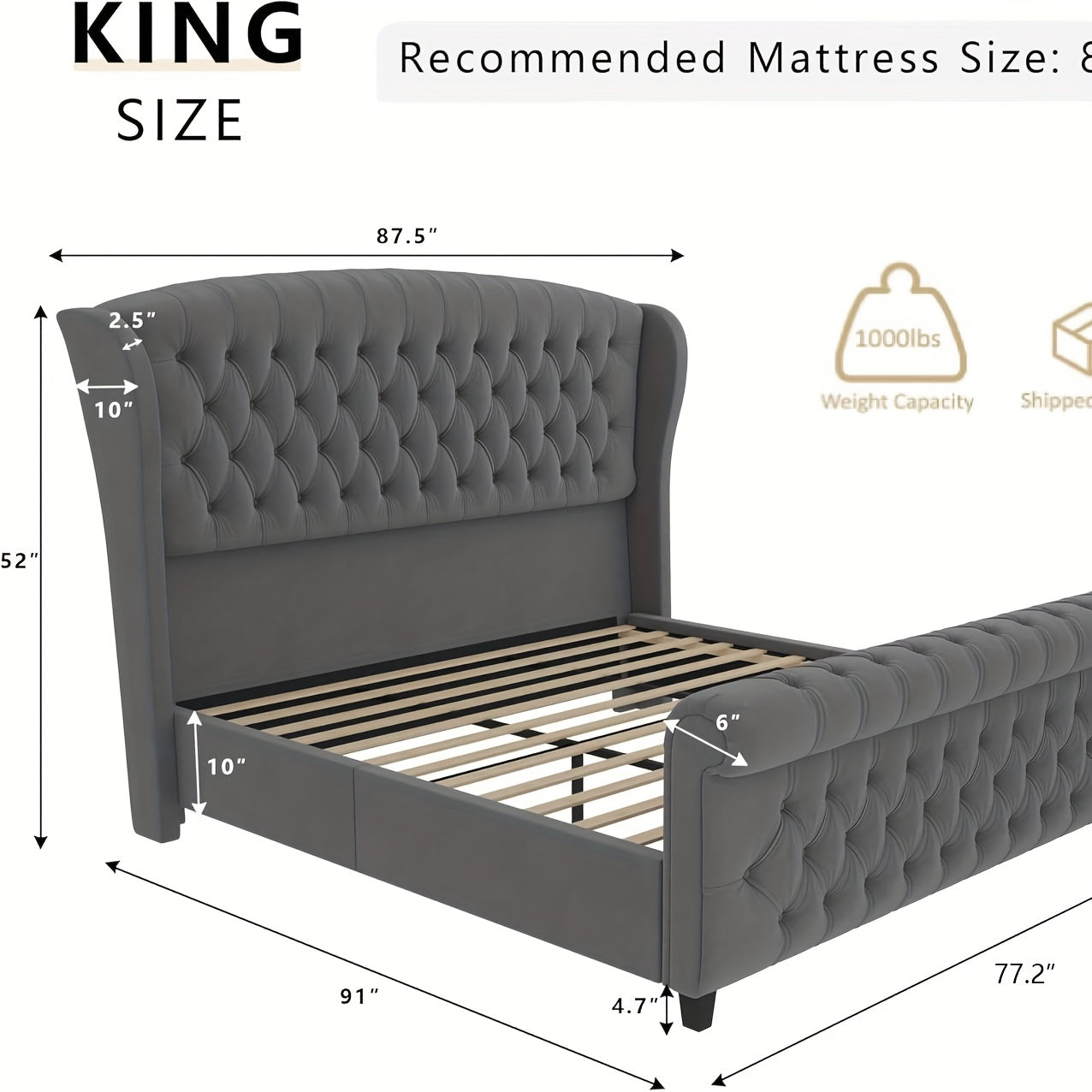 Platform Bed Frame, Chenille Upholstered Sleigh Bed with Scroll Wingback Headboard & Footboard/Button Tufted/No Box Spring Required/ Good Vibrations