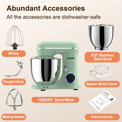 3-IN-1 660W Electric Stand Mixer, 10-Speed with Pulse Button, Attachments Include 6QT Bowl, Dough Hook, Beater, Whisk for Most Home Cooks, Dishwasher-safe, Gifts for Family And Friends, Green, Kitchen Mixer, Mixer for Baking Good Vibrations