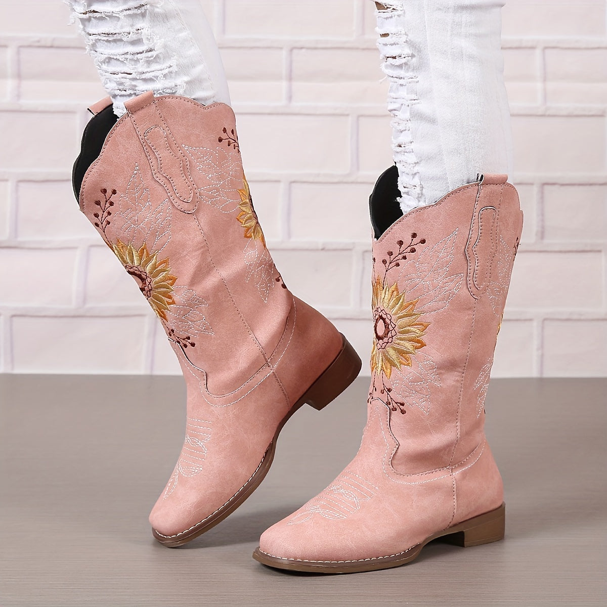 [Mid Calf Embroidered Western Boots] Women's Embroidered Mid Calf Western Boots, Faux Leather Fashion Boots, Women's Footwear Good Vibrations