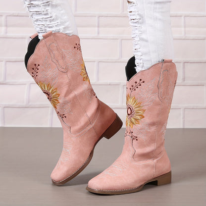 [Mid Calf Embroidered Western Boots] Women's Embroidered Mid Calf Western Boots, Faux Leather Fashion Boots, Women's Footwear Good Vibrations