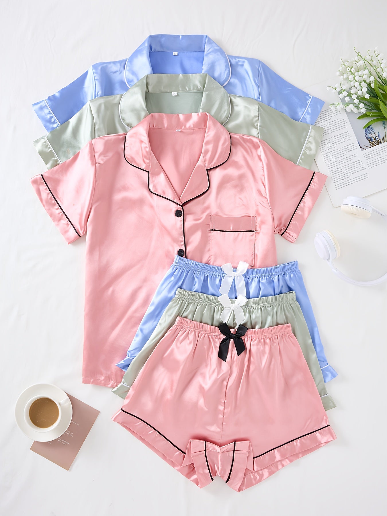 Three Sets of Satin Outfits. Short-Sleeved Collared Tops And Elastic Waistband Shorts, Suitable for Women'S Sleepwear And Loungewear, Women Short And Top Set, Short And Top Set Women, Women Short Set, Loungewear Women Set, Sh Good Vibrations