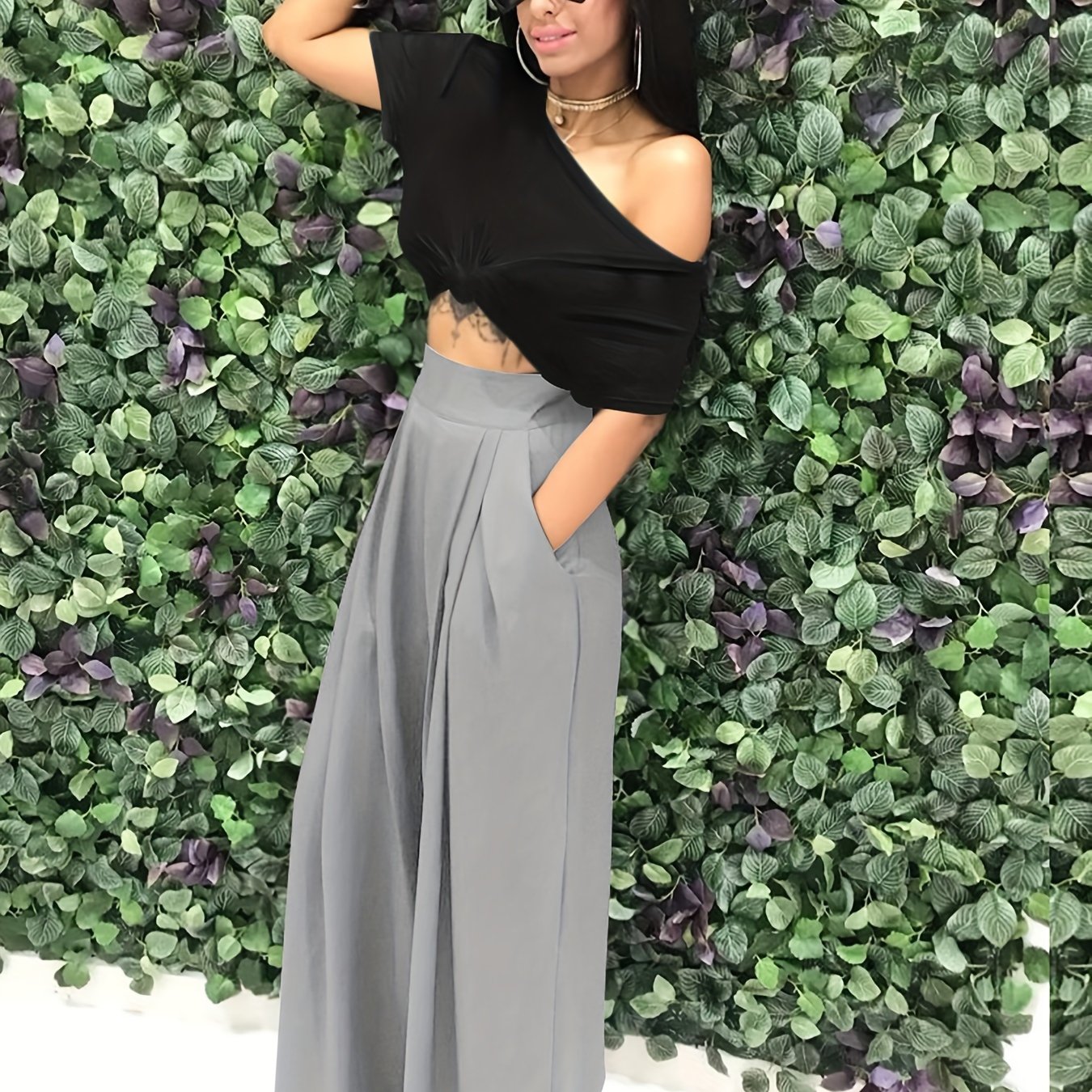 Loose Straight Flare Pants, Casual Pocket High Waist Solid Wide Leg Fashion Comfy Pants, Women's Clothing Good Vibrations