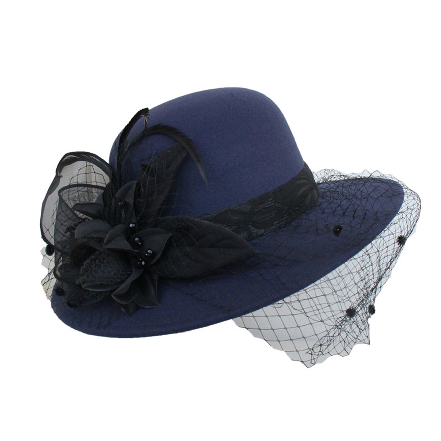 Women's Wide Brim Fedora Hat with Black Lace Veil & Floral Decor - Non- Derby Cap for Church, Bridal Tea Party, Formal Events Good Vibrations