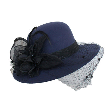 Women's Wide Brim Fedora Hat with Black Lace Veil & Floral Decor - Non- Derby Cap for Church, Bridal Tea Party, Formal Events Good Vibrations