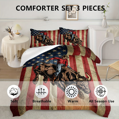3pcs American Flag Comforter Set, Cowboy Riding Bull Bedding Set, American Flag Bedding Racing Bull, Western Cowboys Cowgirls Quilt Set with 1 Comforter 2 Pillowcases for Women Men Adults Room Decor, Soft Breathable, 100% Pol Good Vibrations
