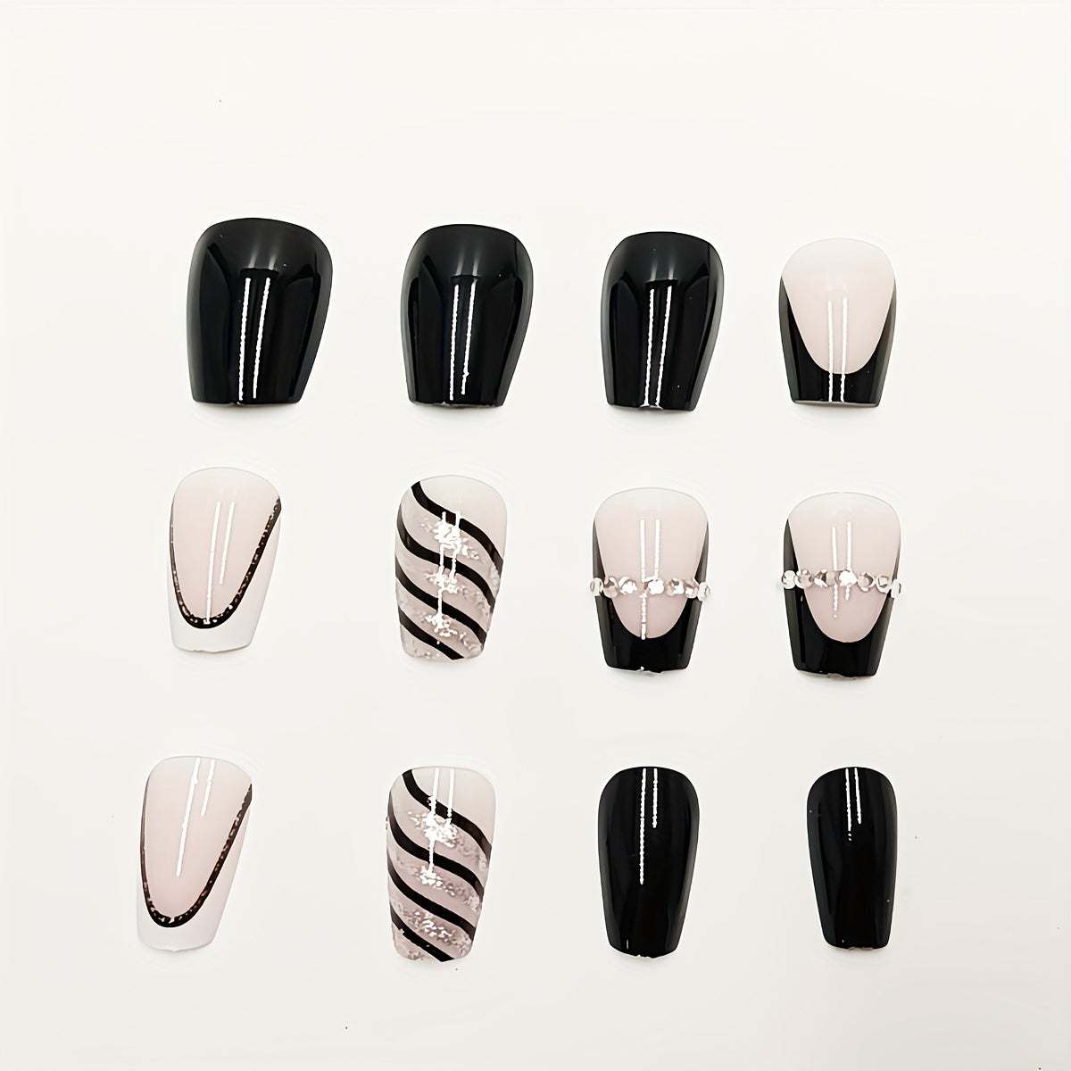 24 Pcs Black Striped Glitter Press-On Nail Tips with Jelly Glue and Nail File Good Vibrations