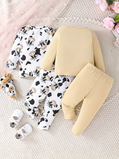 2 Sets Toddler & Infant Girl's Cartoon Cow Pattern Long Sleeve T-shirt + Casual Pants Clothing Set for Outdoor Good Vibrations