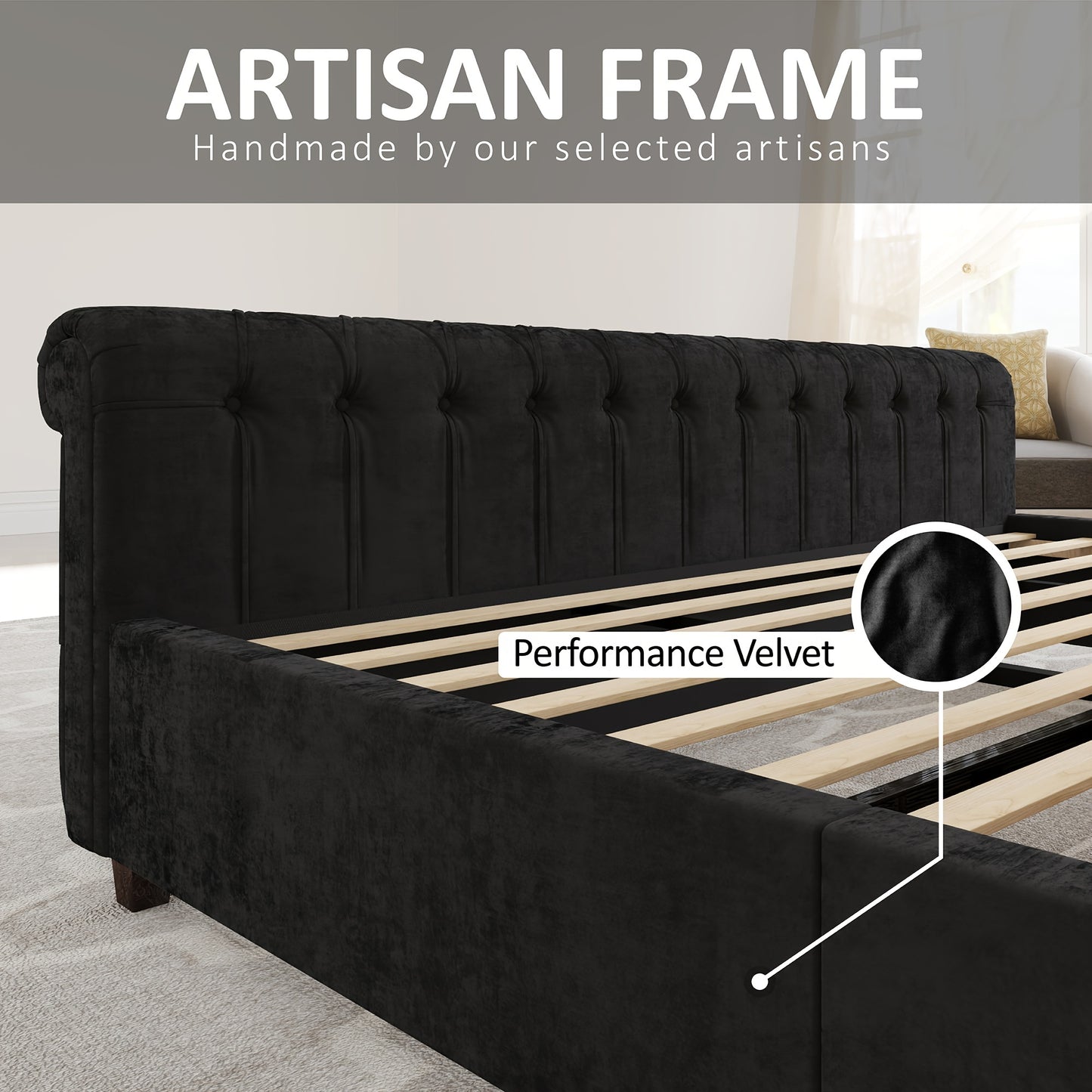 Platform Bed Frame, Chenille Upholstered Sleigh Bed with Scroll Wingback Headboard & Footboard/Button Tufted/No Box Spring Required/ Good Vibrations