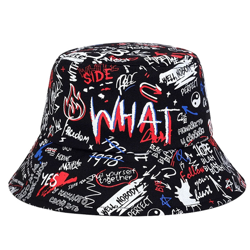 1 Men's "What" Graffiti-Style Bucket Hat - Streetwear Polyester, Hand-Washable, Black with Colorful Typography & Graphics, Perfect for Trendy Outfits Good Vibrations