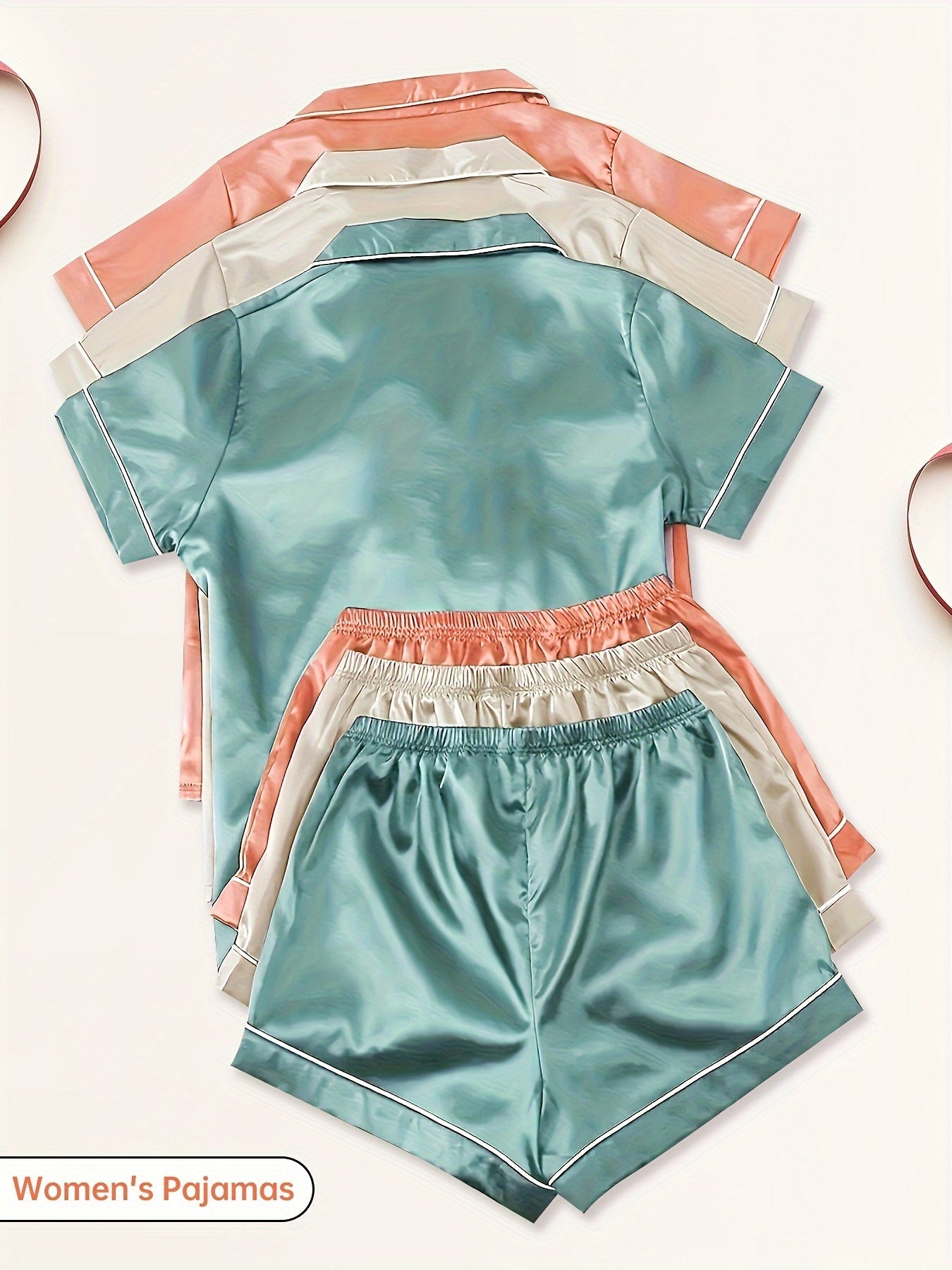 Three Sets of Satin Outfits. Short-Sleeved Collared Tops And Elastic Waistband Shorts, Suitable for Women'S Sleepwear And Loungewear, Women Short And Top Set, Short And Top Set Women, Women Short Set, Loungewear Women Set, Sh Good Vibrations