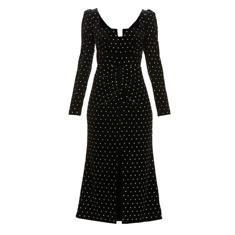 Yang Chaochao French Style Retro Hepburn Style Black Velvet Square Collar Long Slim Dress Christmas Dress Good Vibrations