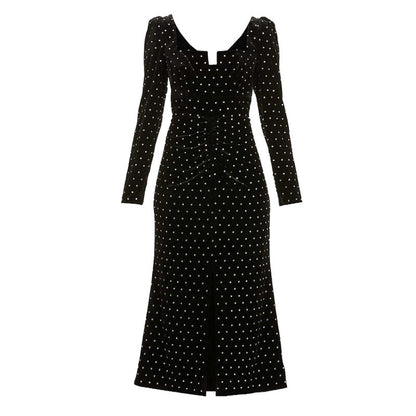 Yang Chaochao French Style Retro Hepburn Style Black Velvet Square Collar Long Slim Dress Christmas Dress Good Vibrations