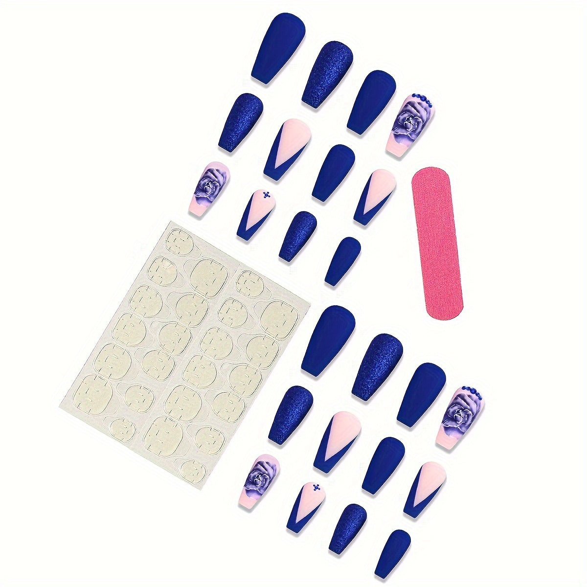 24-Piece Blue Flower Nail Tips Set with Ballet Shape, Middle Length, Glitter Pattern, Matte Finish, and Jelly Glue + Nail File - Press-On Ballet Nails with Floral Design and Glitter Accents Good Vibrations