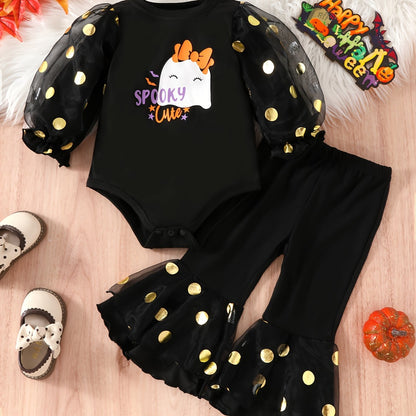 2pcs Baby's Polka Dots Mesh Sleeve Bodysuit + Trendy Bell-bottom Pants, Toddler & Infant Girl's Clothing Set For Halloween Good Vibrations