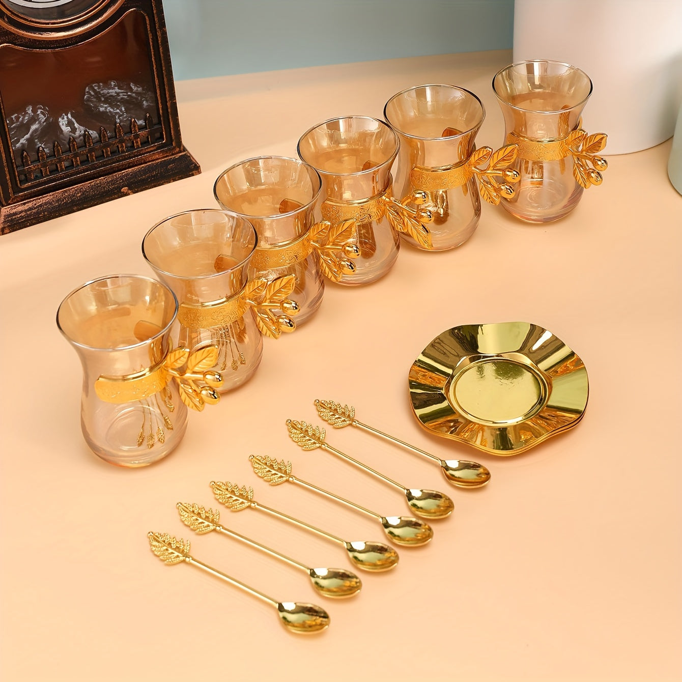 6 Sets Golden Vintage Teacups and Saucers - Handmade Turkish Tea Water Serving Set with European Style Design - Perfect for Breakfast, Tea Party, Afternoon Tea, Home, Garden, Restaurant, and as Gifts Good Vibrations