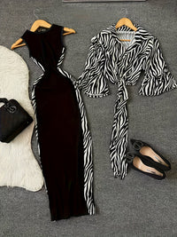 Women'S Y2K Style Leopard Print Top and Color Block Dress Set - Sleeveless, Button-Up, High-Waisted, All-Season Fashion, Casual Attire|Y2K Fashion|Sleeveless Top, Women Dresses, Women Set, Women Dress Autumn Good Vibrations