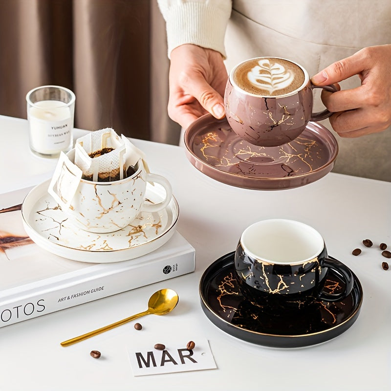 Set, Marble Print Teacup And Saucer, Ceramic Coffee Cup And Saucer Plate Good Vibrations