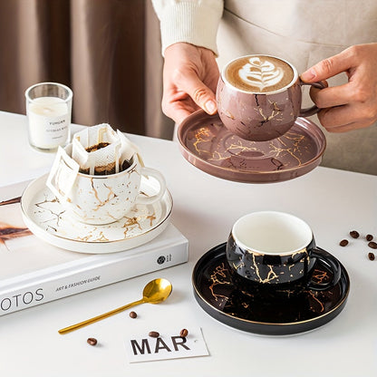 Set, Marble Print Teacup And Saucer, Ceramic Coffee Cup And Saucer Plate Good Vibrations
