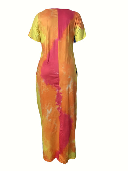 [Tie Dye Maxi Dress] Elegant Plus Size Maxi Dress | Women's Tie Dye Print Short Sleeve with Pocket, Medium Stretch Long Dress Good Vibrations