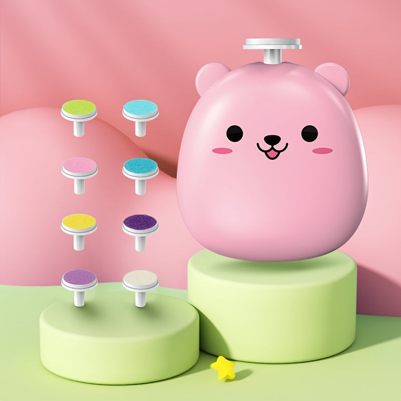 Baby Electric Nail Grinder with Bear Shape, Rechargeable, 8 Grinding Heads, 2 Speeds, Suitable for Family Use, Quiet and Portable Good Vibrations