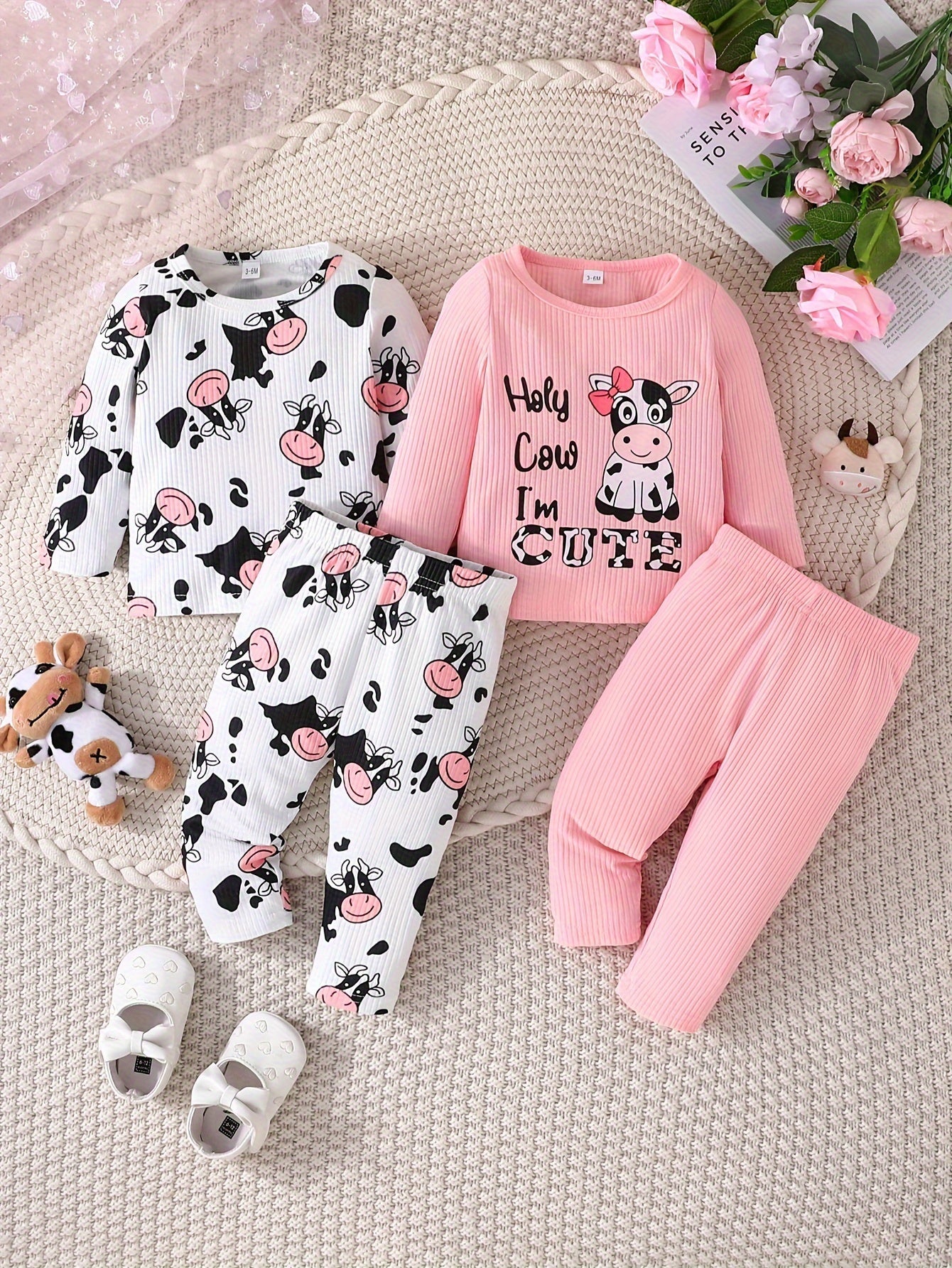 2 Sets Toddler & Infant Girl's Cartoon Cow Pattern Long Sleeve T-shirt + Casual Pants Clothing Set for Outdoor Good Vibrations