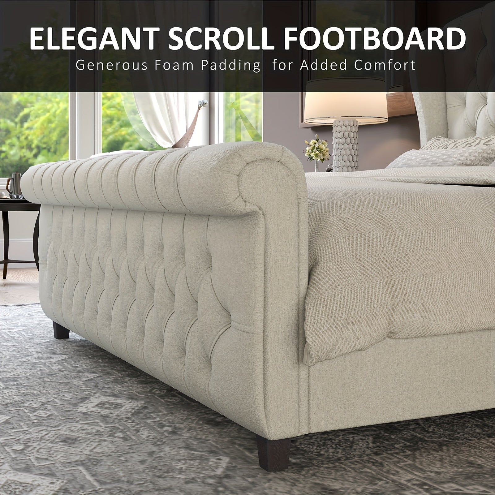 Platform Bed Frame, Chenille Upholstered Sleigh Bed with Scroll Wingback Headboard & Footboard/Button Tufted/No Box Spring Required/ Good Vibrations