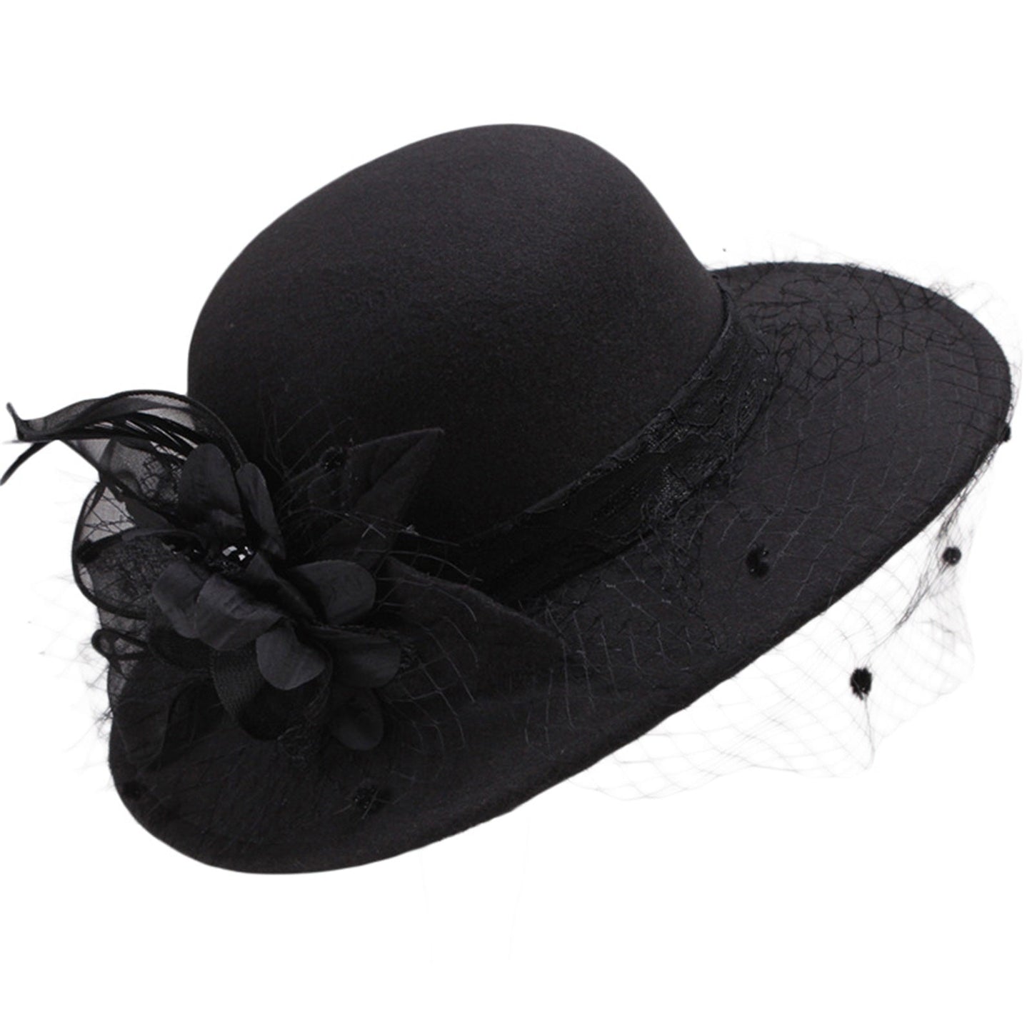 Women's Wide Brim Fedora Hat with Black Lace Veil & Floral Decor - Non- Derby Cap for Church, Bridal Tea Party, Formal Events Good Vibrations